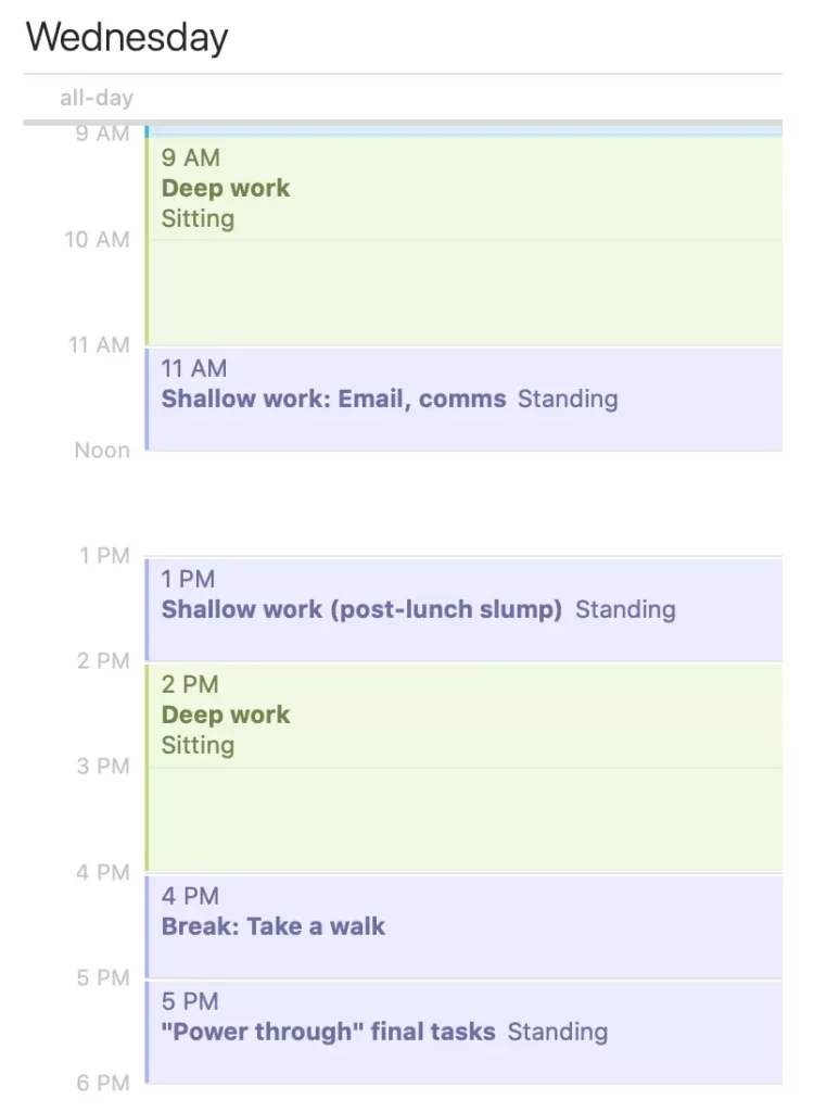 Standing desk schedule - Google calendar example